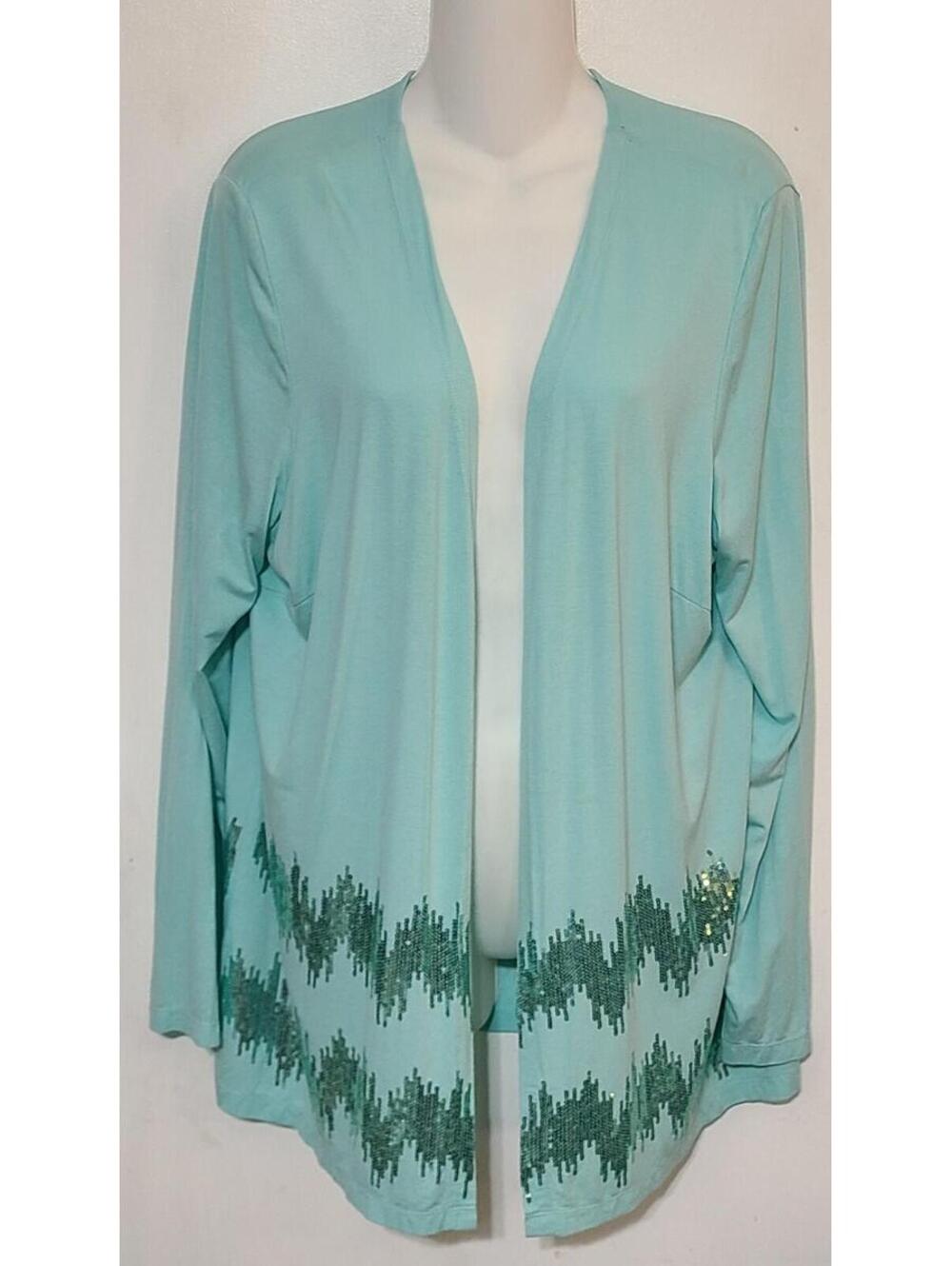 Joan Rivers Open Cardigan Womens Sz Large Sea Foam Green Sequins Bottom Evening
